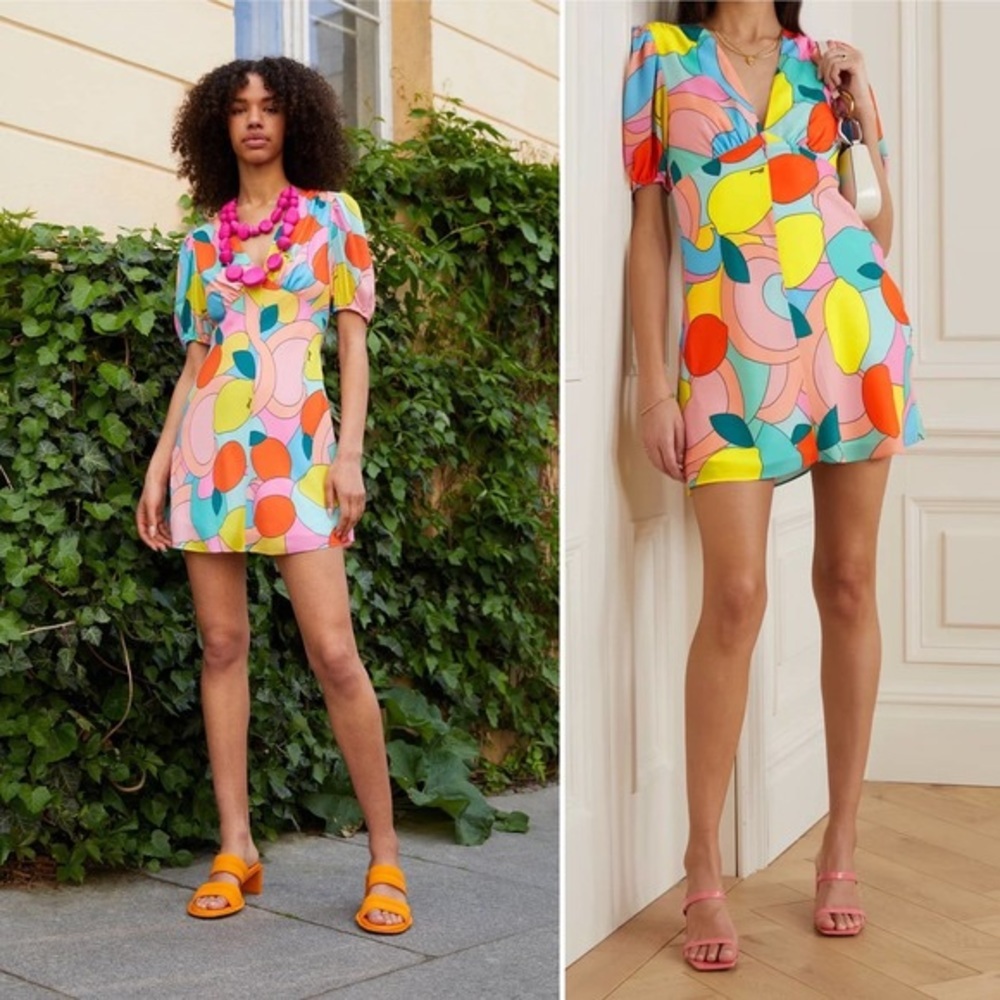 Staud Mini Milla Dress in Citrus Kaleidoscope Multicolor Puff Sleeve in Size 0 - Picture 3 of 16